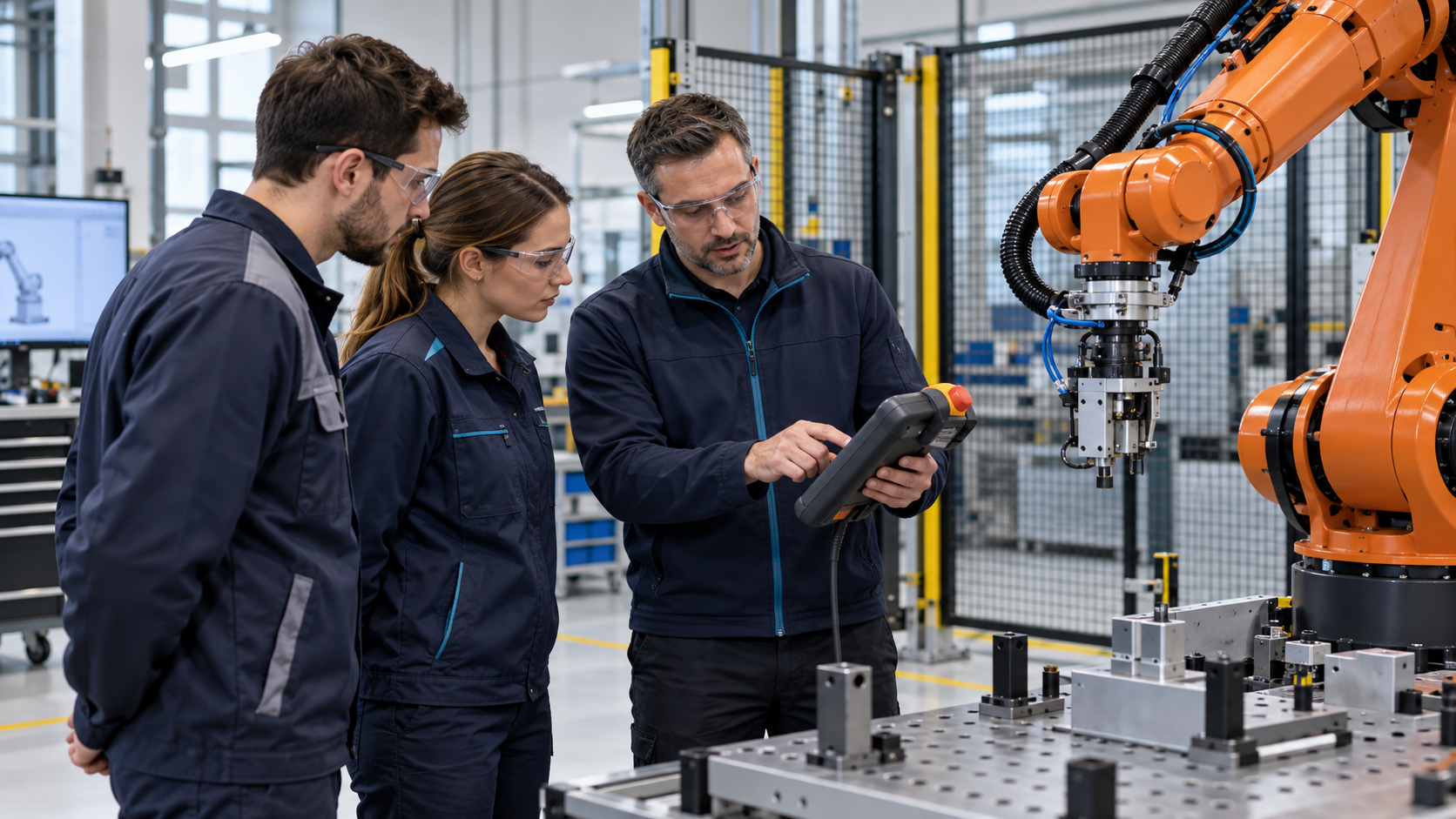 Techniker lernen gemeinsam an einer Roboteranlage