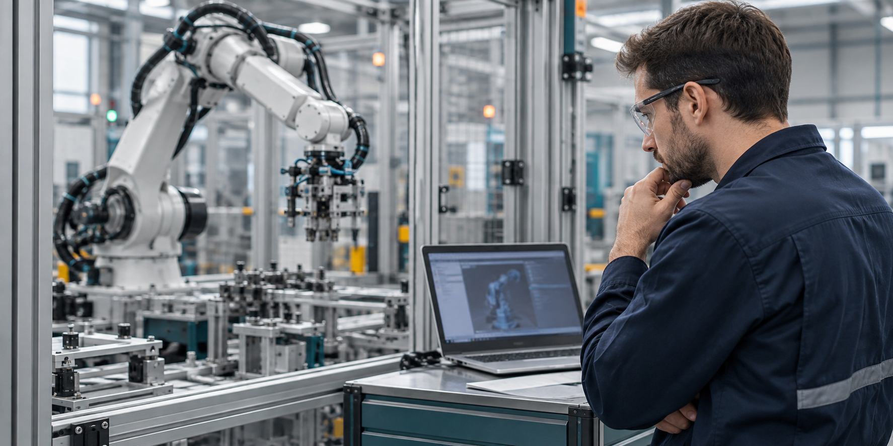 Ingenieur bewertet Roboteranlage und Software am Arbeitsplatz