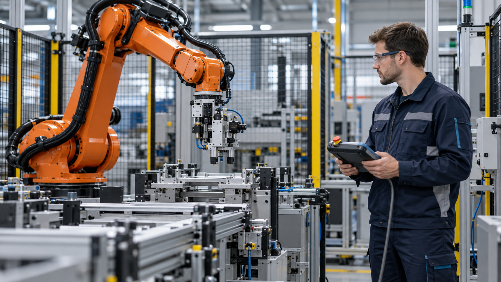 Ingenieur prüft eine installierte Industrieroboterzelle